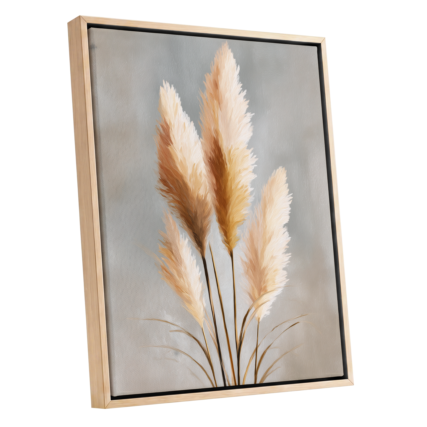 Gilded Pampas, gray, beige, gold nature wall art shown as a oak framed canvas wall art