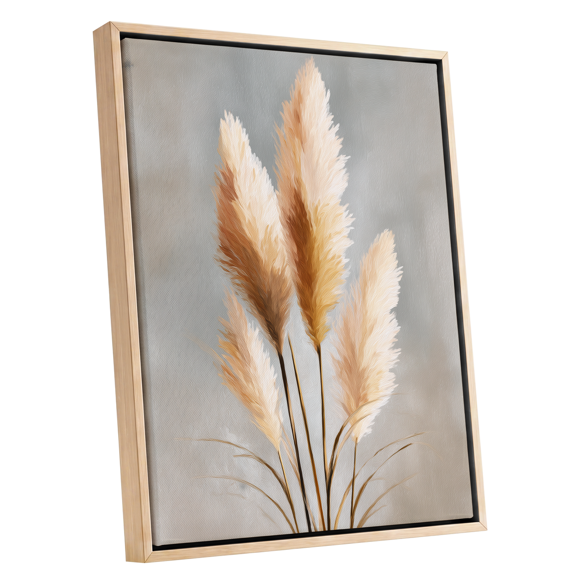 Gilded Pampas, gray, beige, gold nature wall art shown as a oak framed canvas wall art