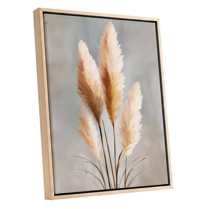 Gilded Pampas, gray, beige, gold nature wall art shown as a oak framed canvas wall art