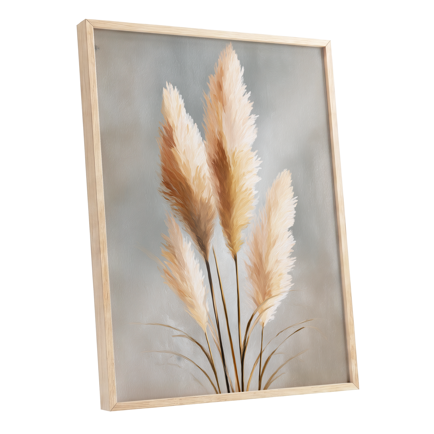 Gilded Pampas, gray, beige, gold nature wall art shown as a oak framed poster wall art print