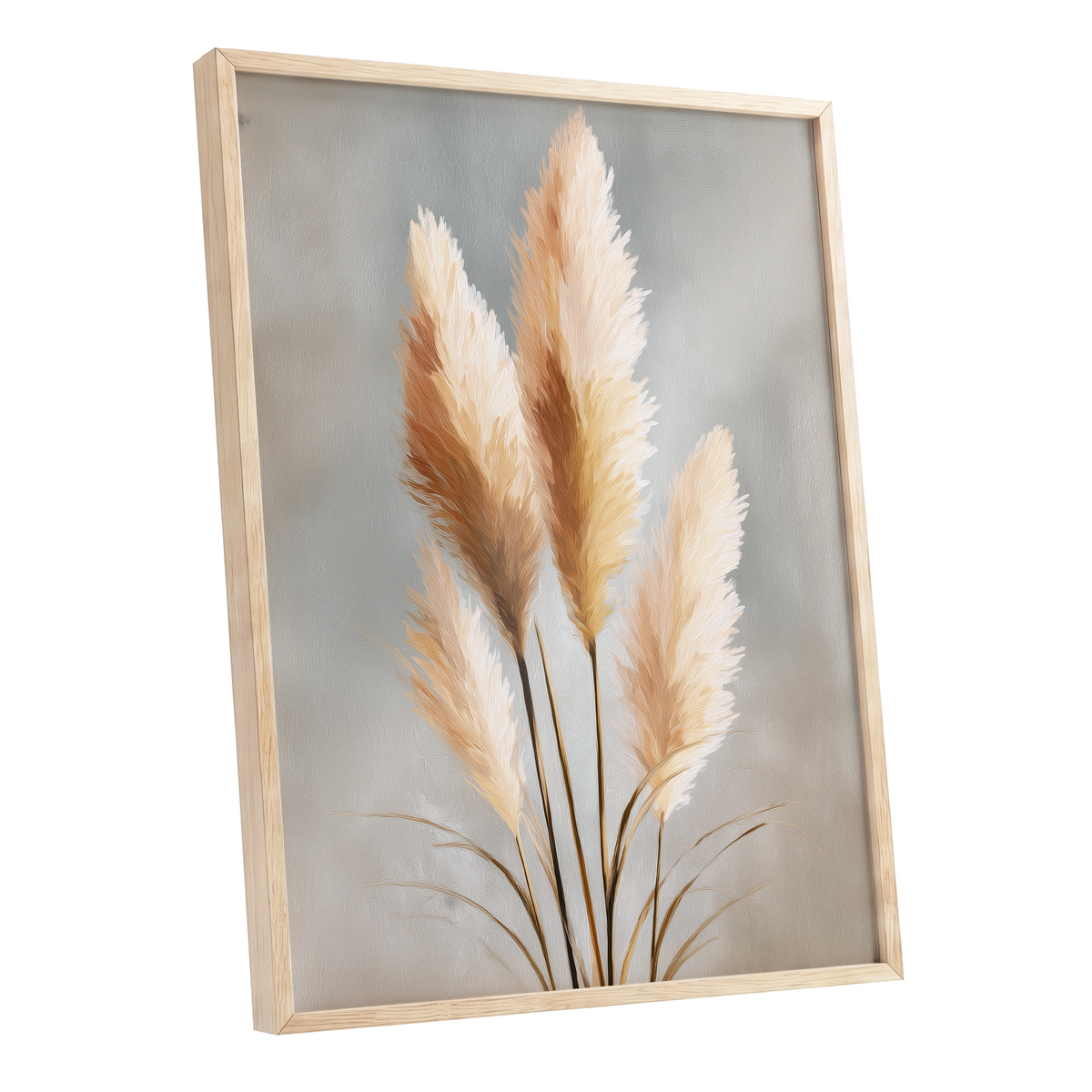 Gilded Pampas, gray, beige, gold nature wall art shown as a oak framed poster wall art print