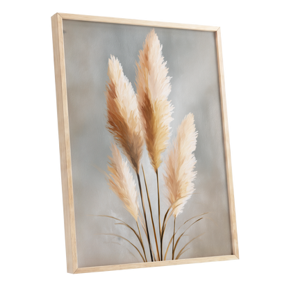 Gilded Pampas, gray, beige, gold nature wall art shown as a oak framed poster wall art print
