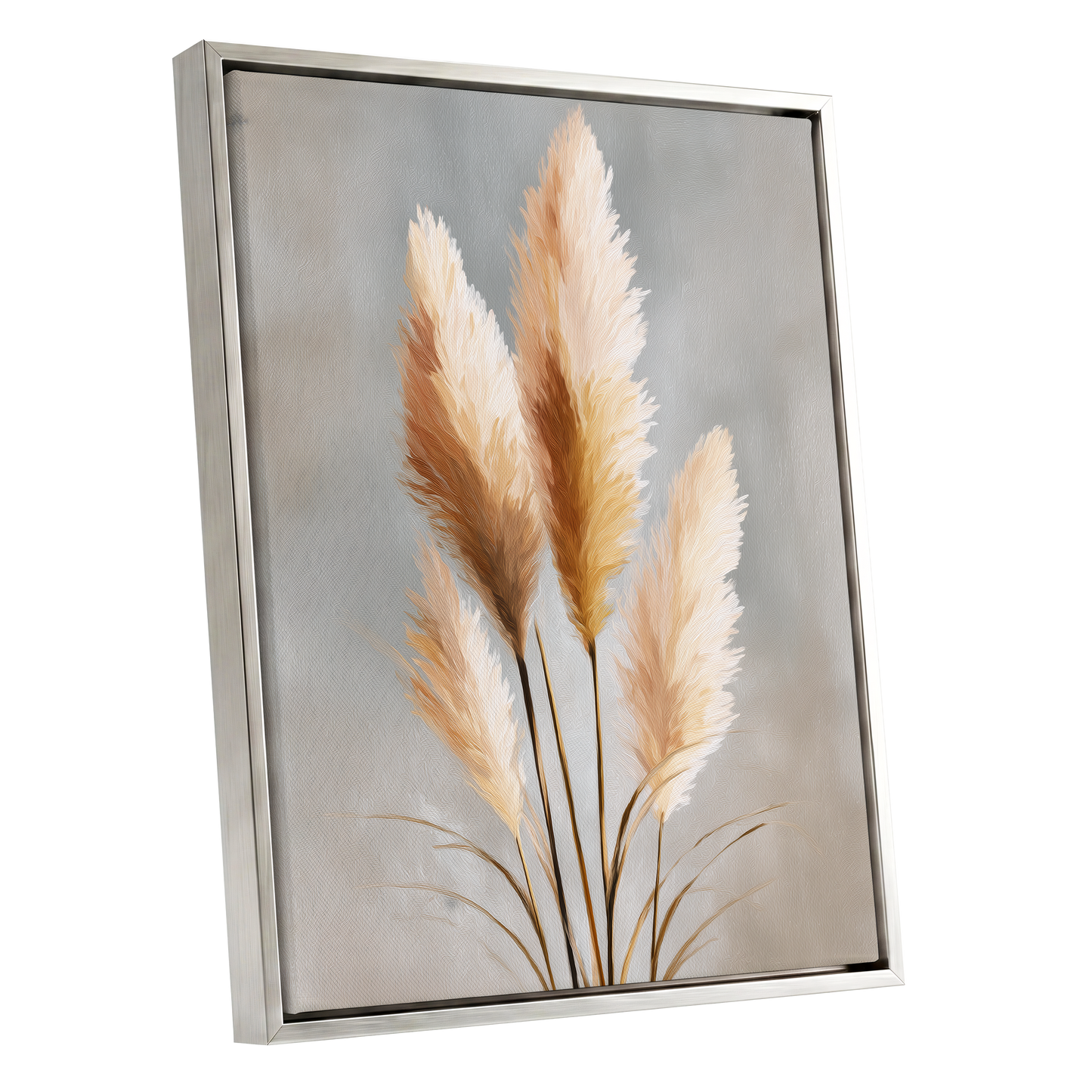 Gilded Pampas, gray, beige, gold nature wall art shown as a silver framed canvas wall art