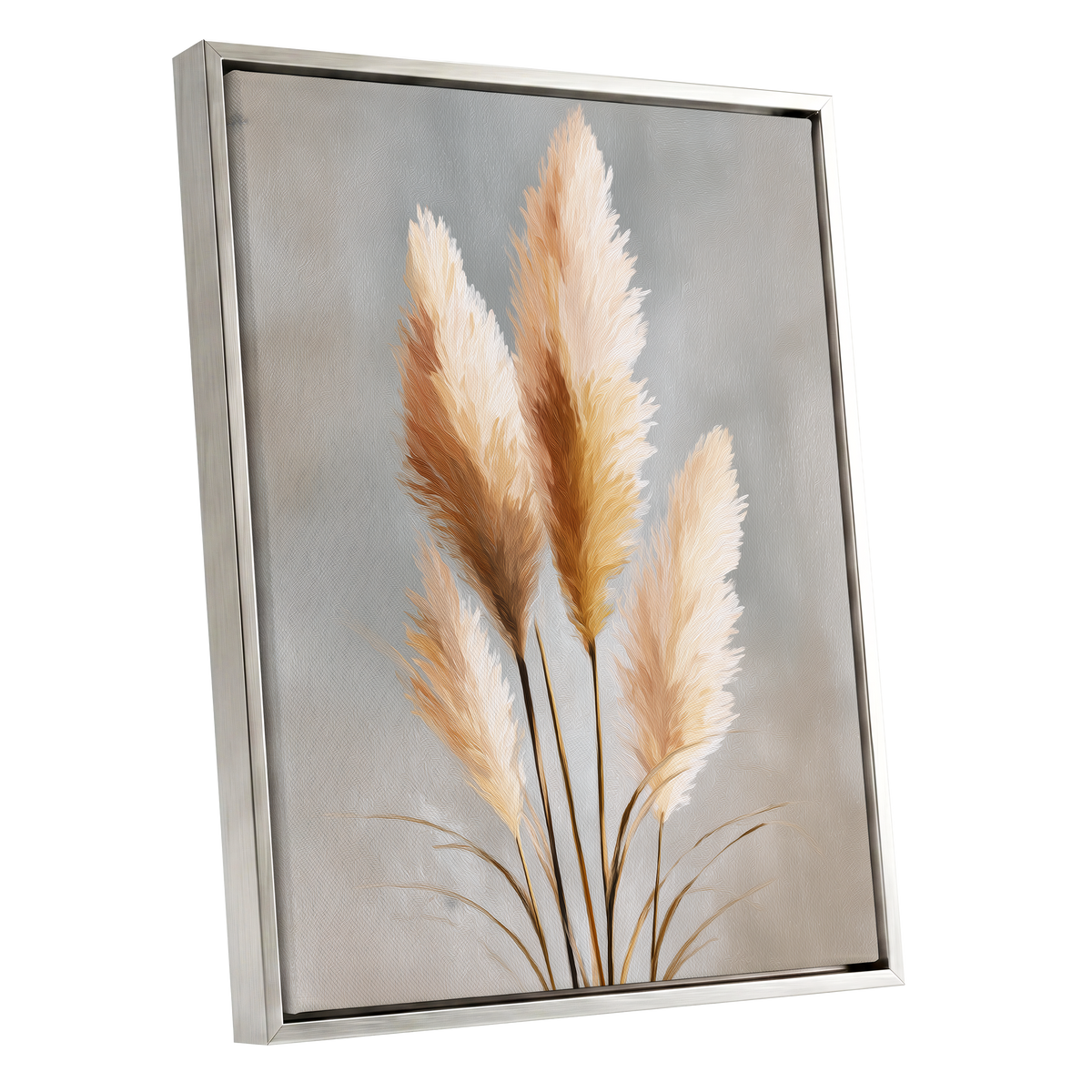 Gilded Pampas, gray, beige, gold nature wall art shown as a silver framed canvas wall art