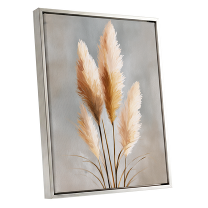 Gilded Pampas, gray, beige, gold nature wall art shown as a silver framed canvas wall art