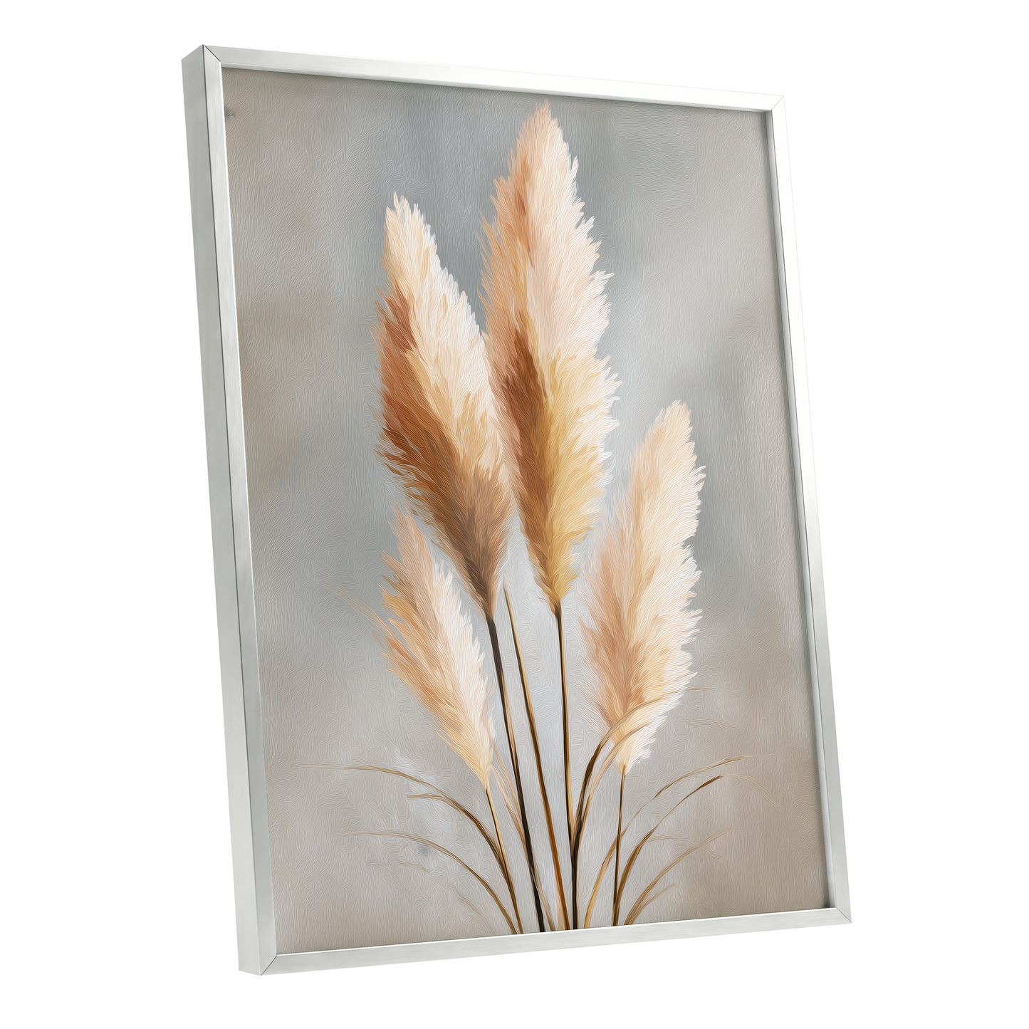 Gilded Pampas, gray, beige, gold nature wall art shown as a silver framed poster wall art print