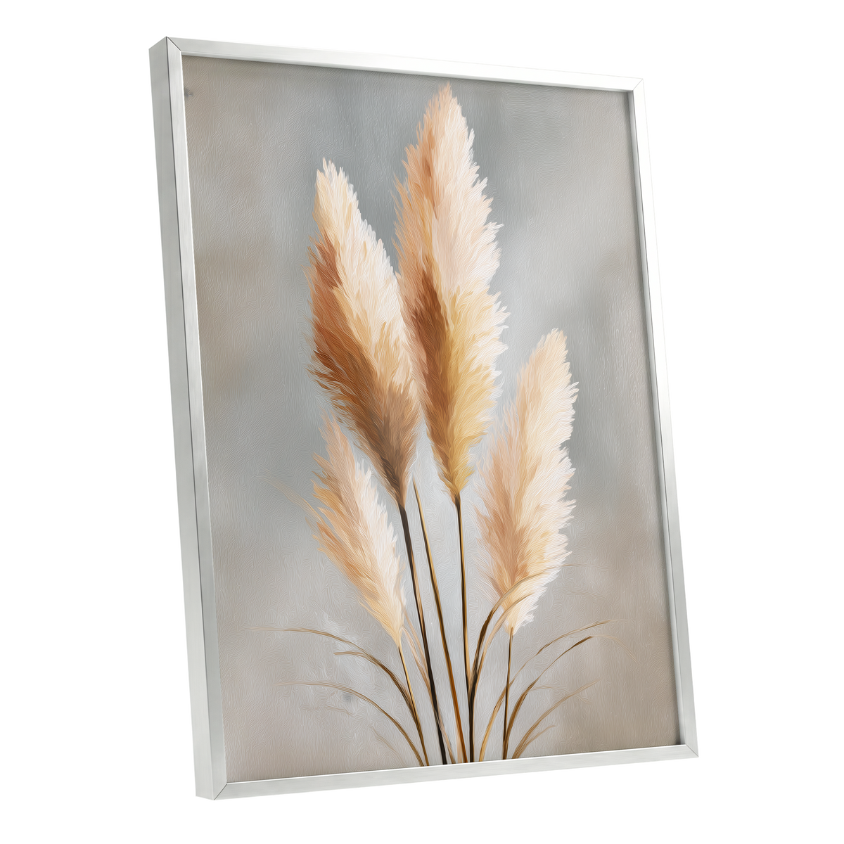 Gilded Pampas, gray, beige, gold nature wall art shown as a silver framed poster wall art print