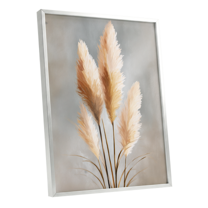 Gilded Pampas, gray, beige, gold nature wall art shown as a silver framed poster wall art print