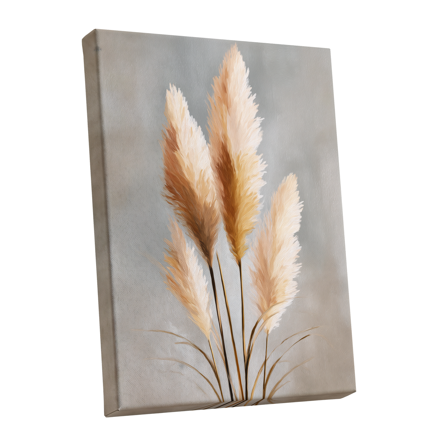 Gilded Pampas, gray, beige, gold nature wall art shown as a stretched canvas wall art