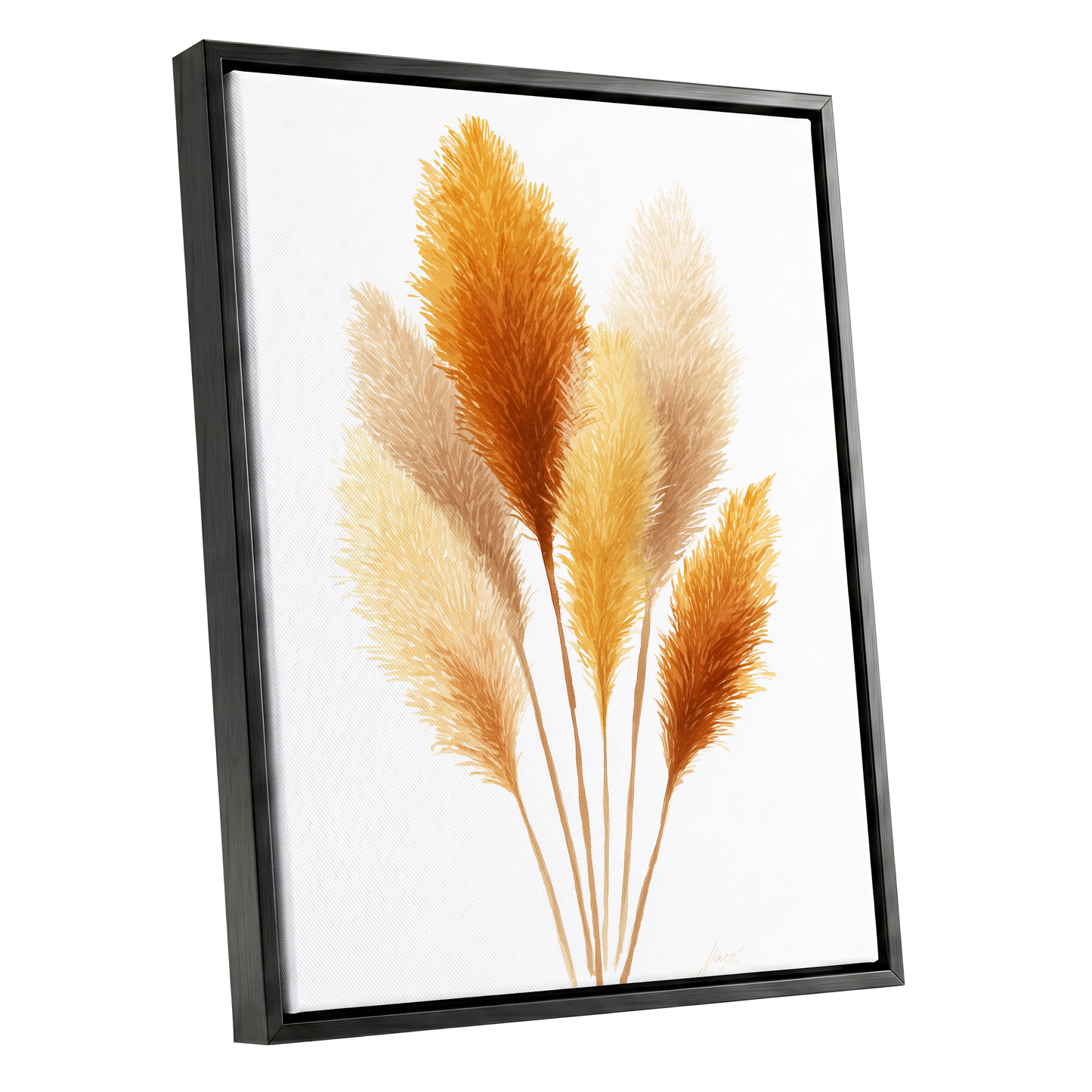 Gilded Pampas Study, white, beige, gold nature wall art shown as a black framed canvas wall art