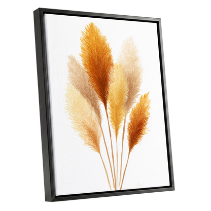 Gilded Pampas Study, white, beige, gold nature wall art shown as a black framed canvas wall art