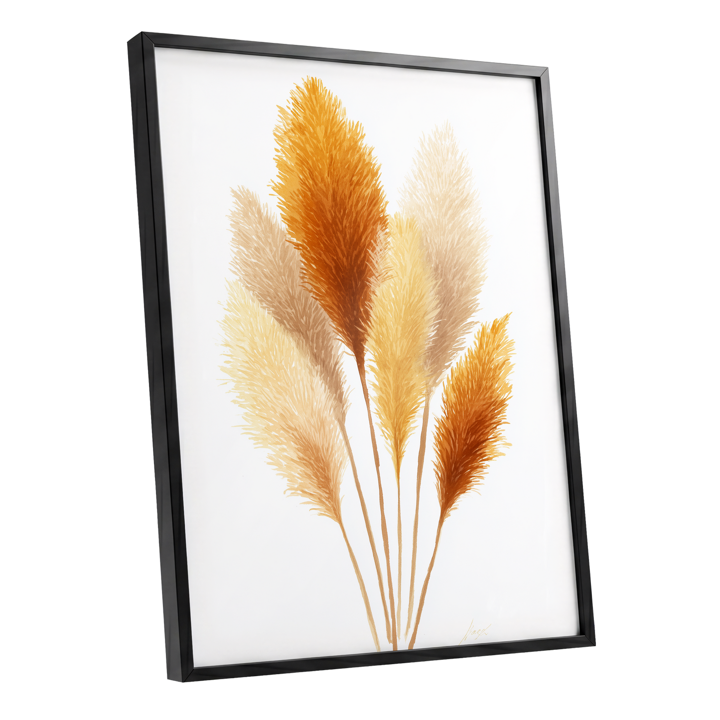 Gilded Pampas Study, white, beige, gold nature wall art shown as a black framed poster wall art print