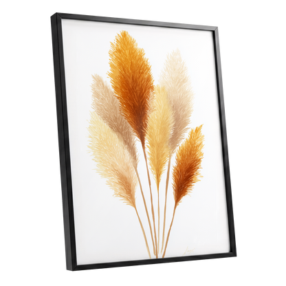 Gilded Pampas Study, white, beige, gold nature wall art shown as a black framed poster wall art print
