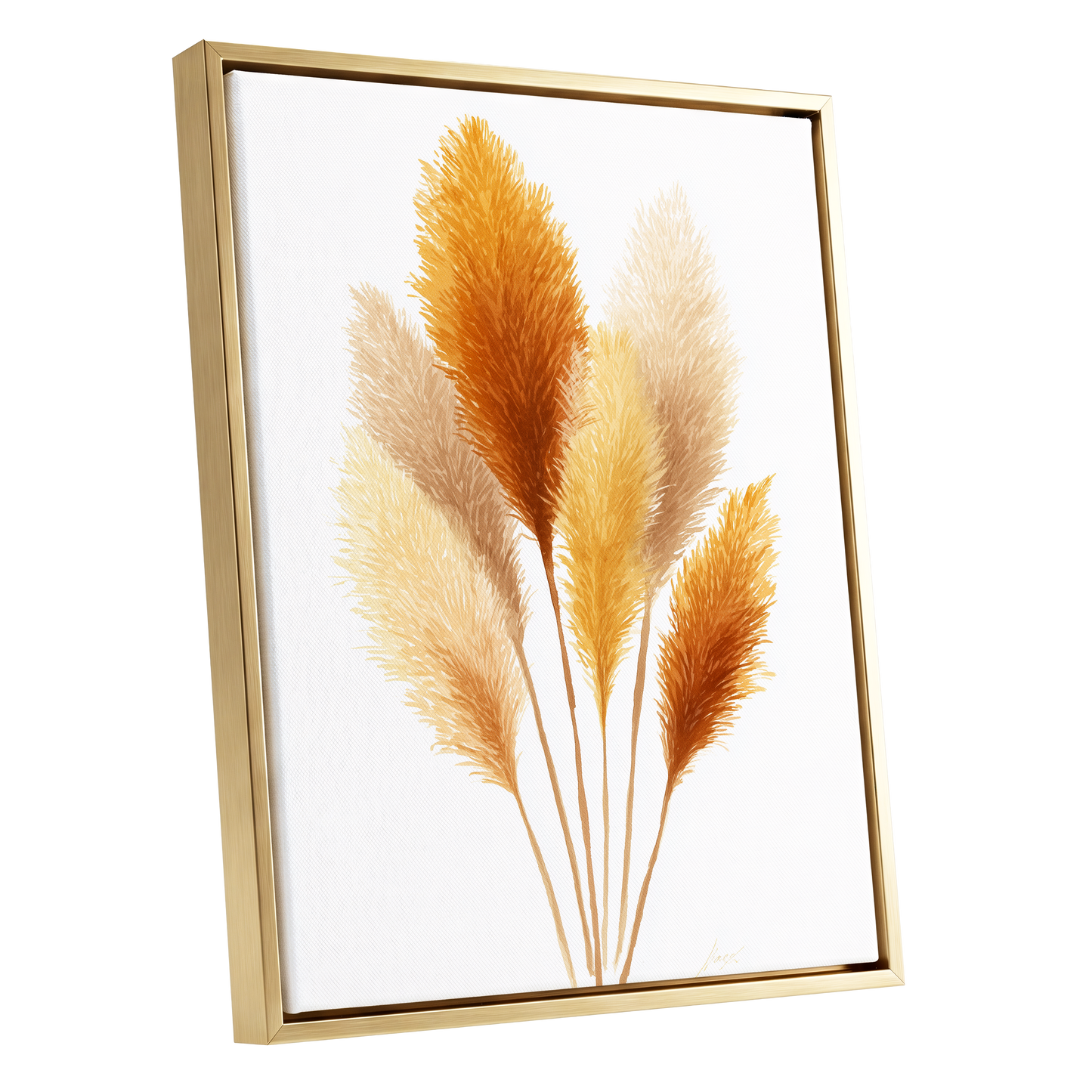 Gilded Pampas Study, white, beige, gold nature wall art shown as a gold framed canvas wall art