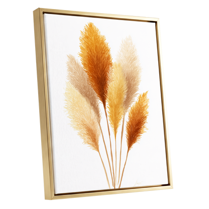 Gilded Pampas Study, white, beige, gold nature wall art shown as a gold framed canvas wall art