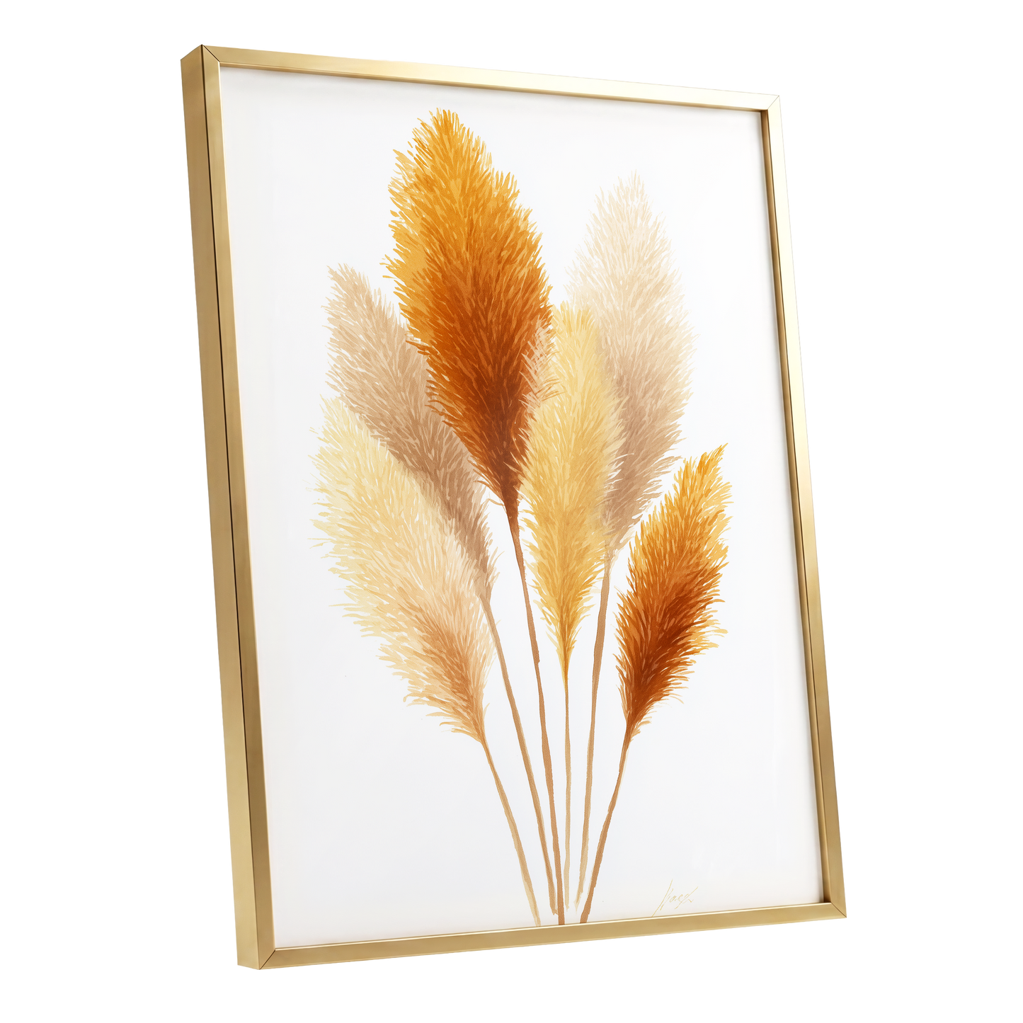 Gilded Pampas Study, white, beige, gold nature wall art shown as a gold framed poster wall art print
