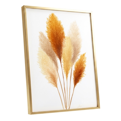 Gilded Pampas Study, white, beige, gold nature wall art shown as a gold framed poster wall art print