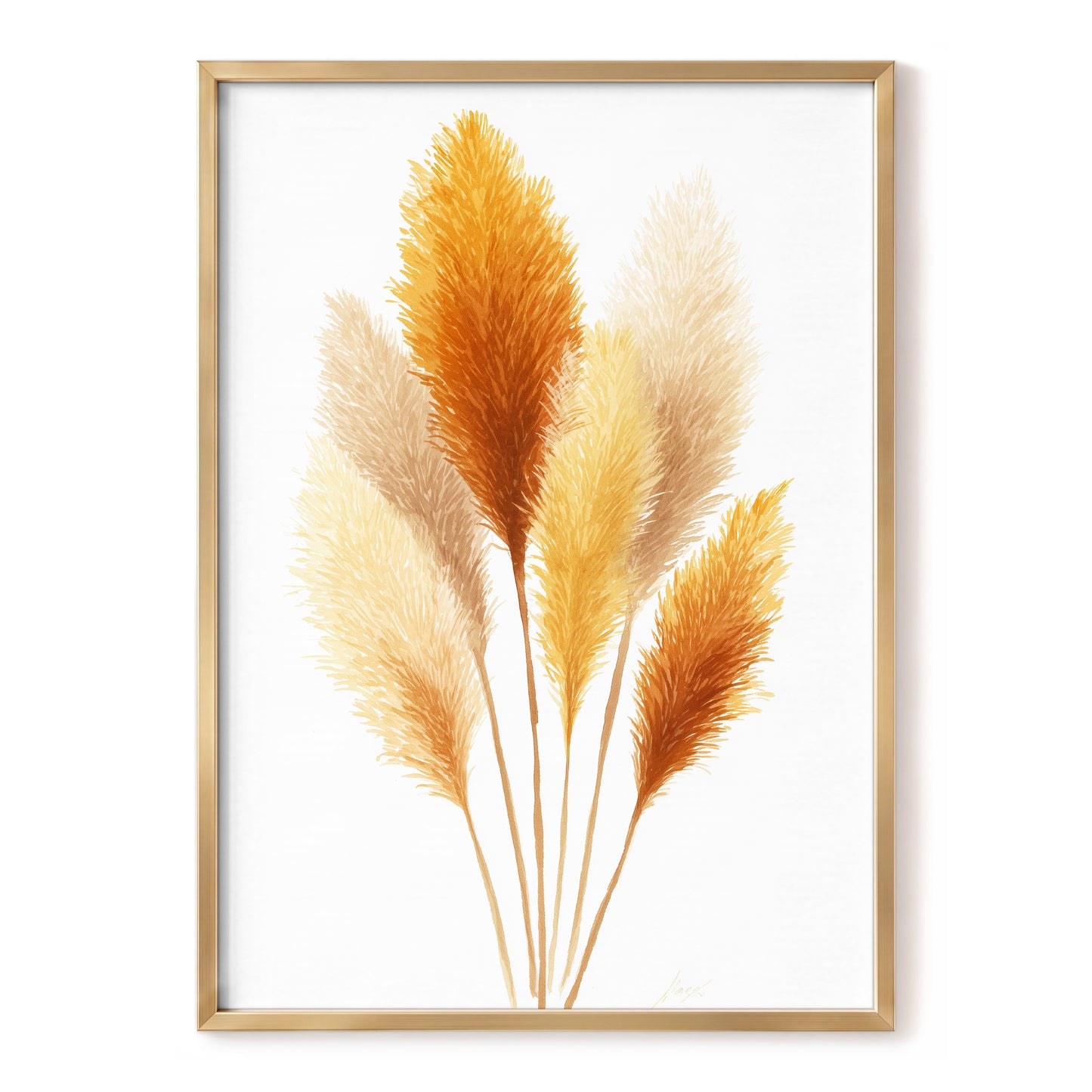Gilded Pampas Study, white, beige, gold nature wall art, front artwork view