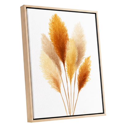 Gilded Pampas Study, white, beige, gold nature wall art shown as a oak framed canvas wall art
