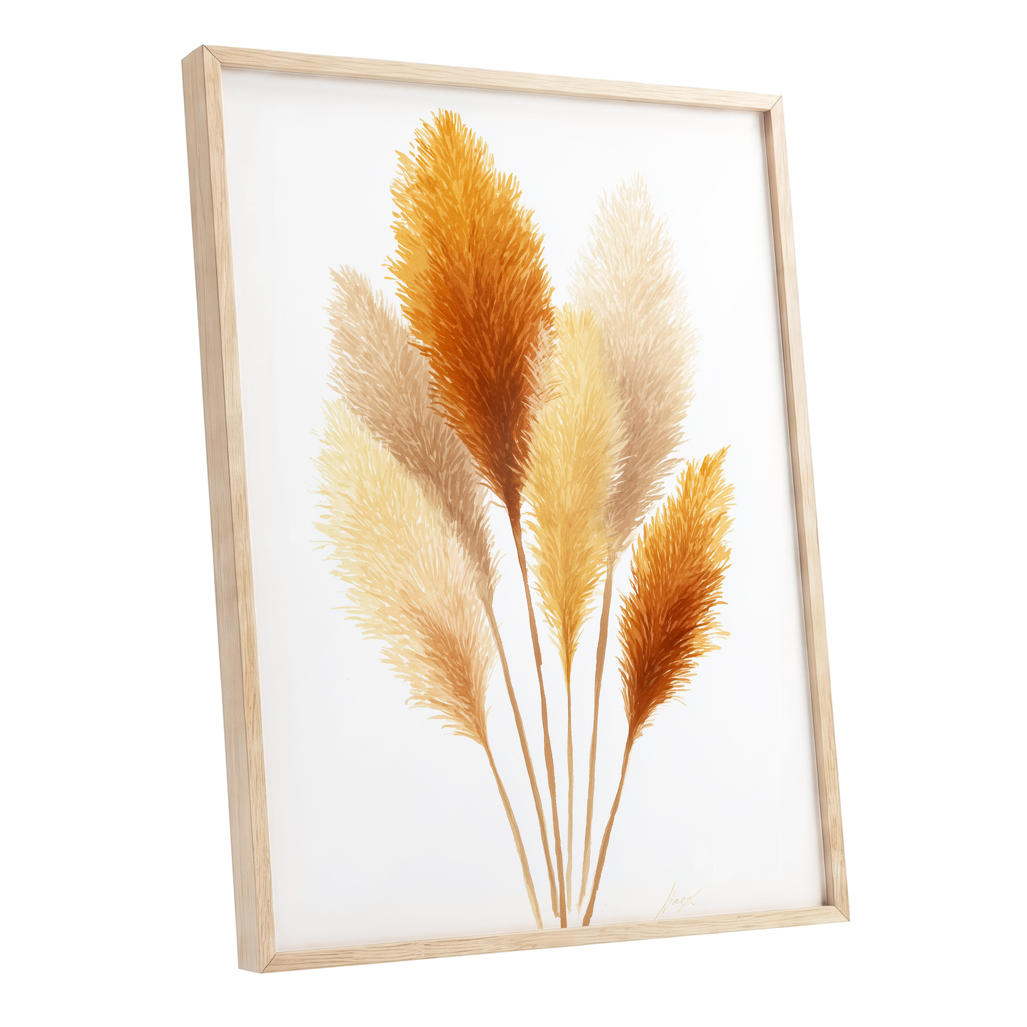 Gilded Pampas Study, white, beige, gold nature wall art shown as a oak framed poster wall art print