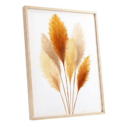 Gilded Pampas Study, white, beige, gold nature wall art shown as a oak framed poster wall art print