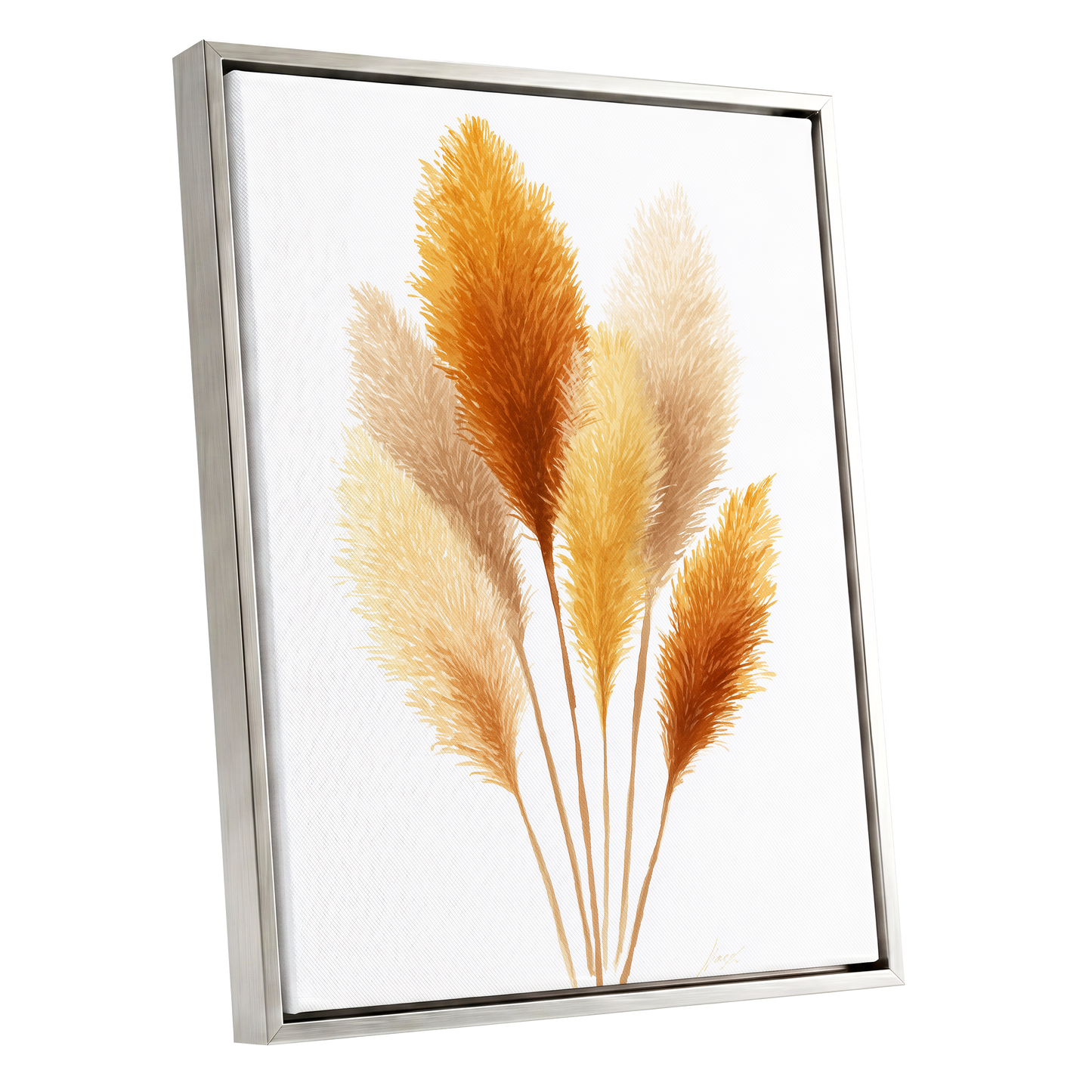 Gilded Pampas Study, white, beige, gold nature wall art shown as a silver framed canvas wall art