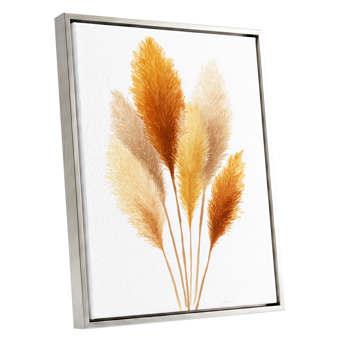 Gilded Pampas Study, white, beige, gold nature wall art shown as a silver framed canvas wall art