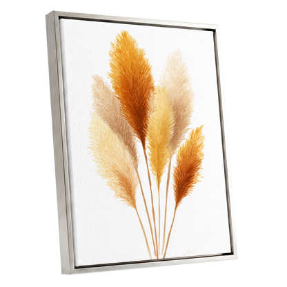 Gilded Pampas Study, white, beige, gold nature wall art shown as a silver framed canvas wall art