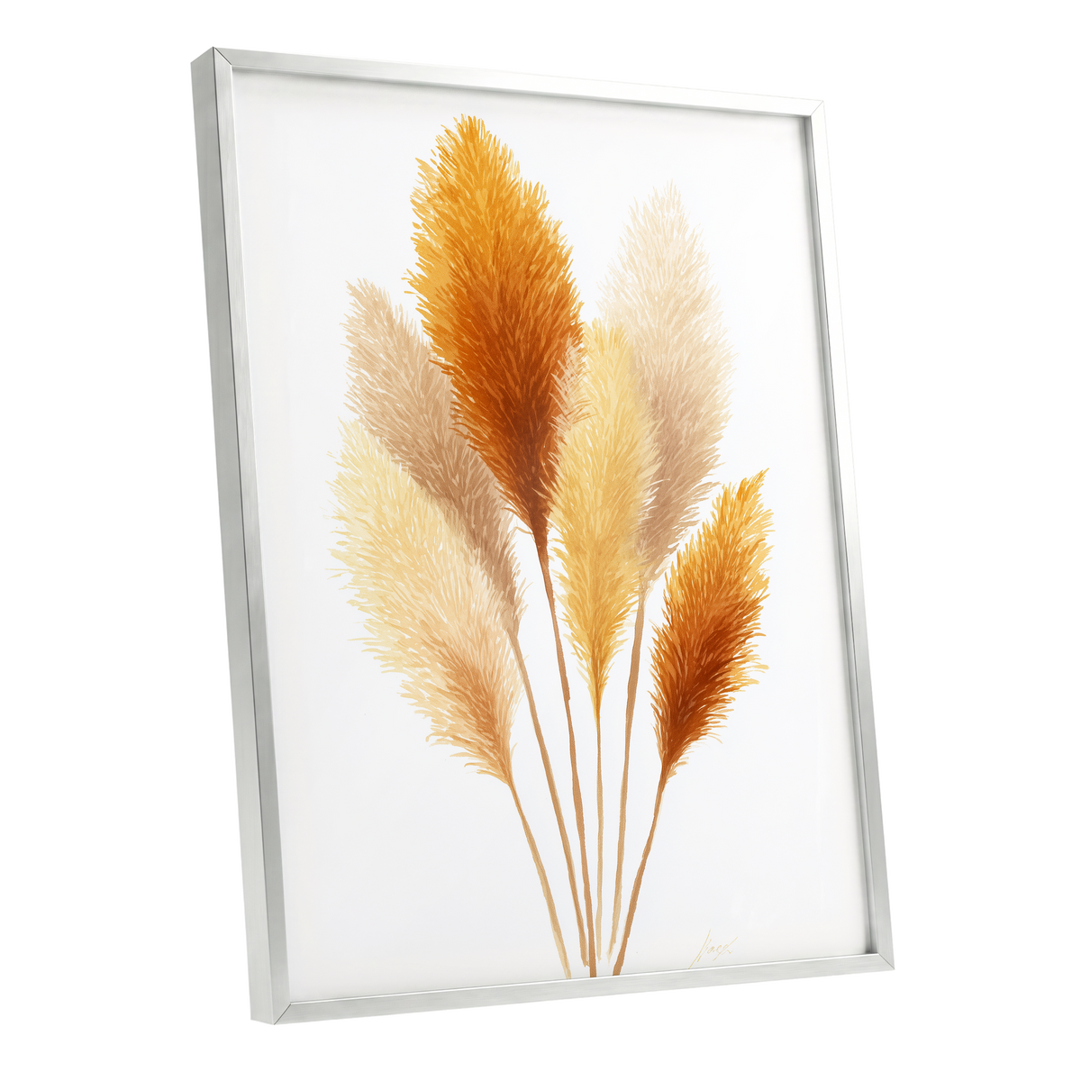 Gilded Pampas Study, white, beige, gold nature wall art shown as a silver framed poster wall art print