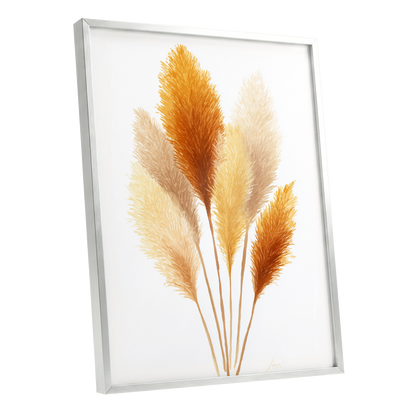 Gilded Pampas Study, white, beige, gold nature wall art shown as a silver framed poster wall art print