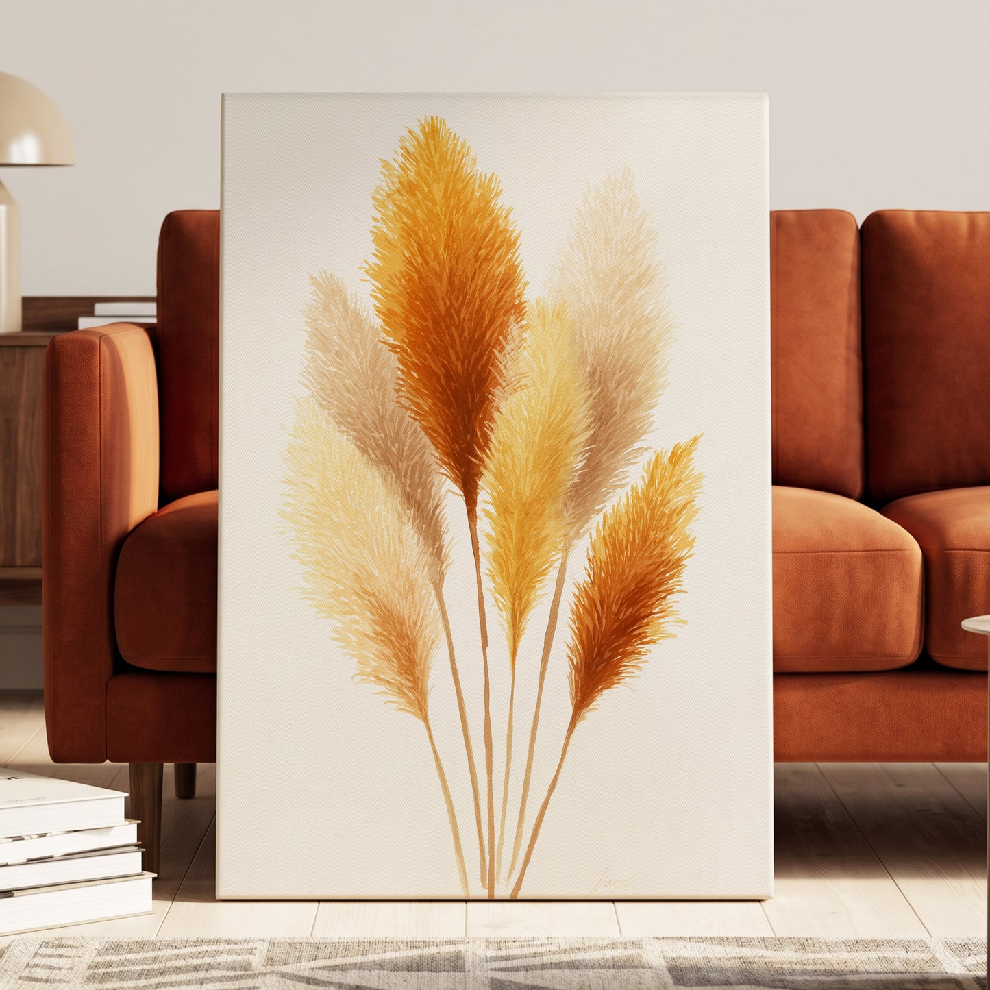 Gilded Pampas Study, white, beige, gold nature wall art displayed in a styled interior, gallery view 3