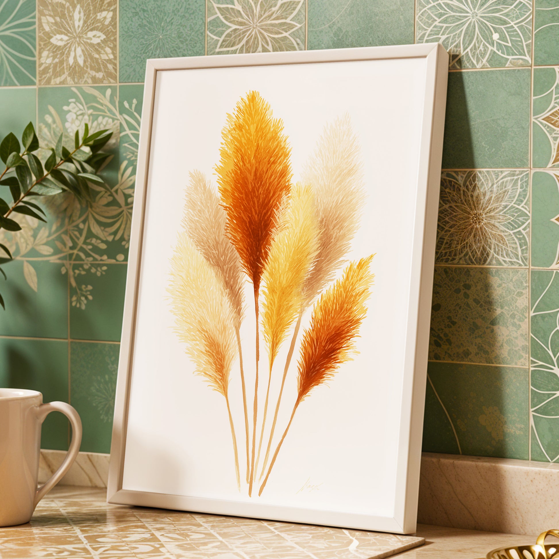 Gilded Pampas Study, white, beige, gold nature wall art displayed in a styled interior, gallery view 9