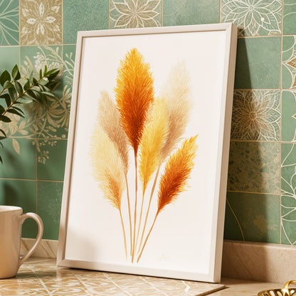 Gilded Pampas Study, white, beige, gold nature wall art displayed in a styled interior, gallery view 9
