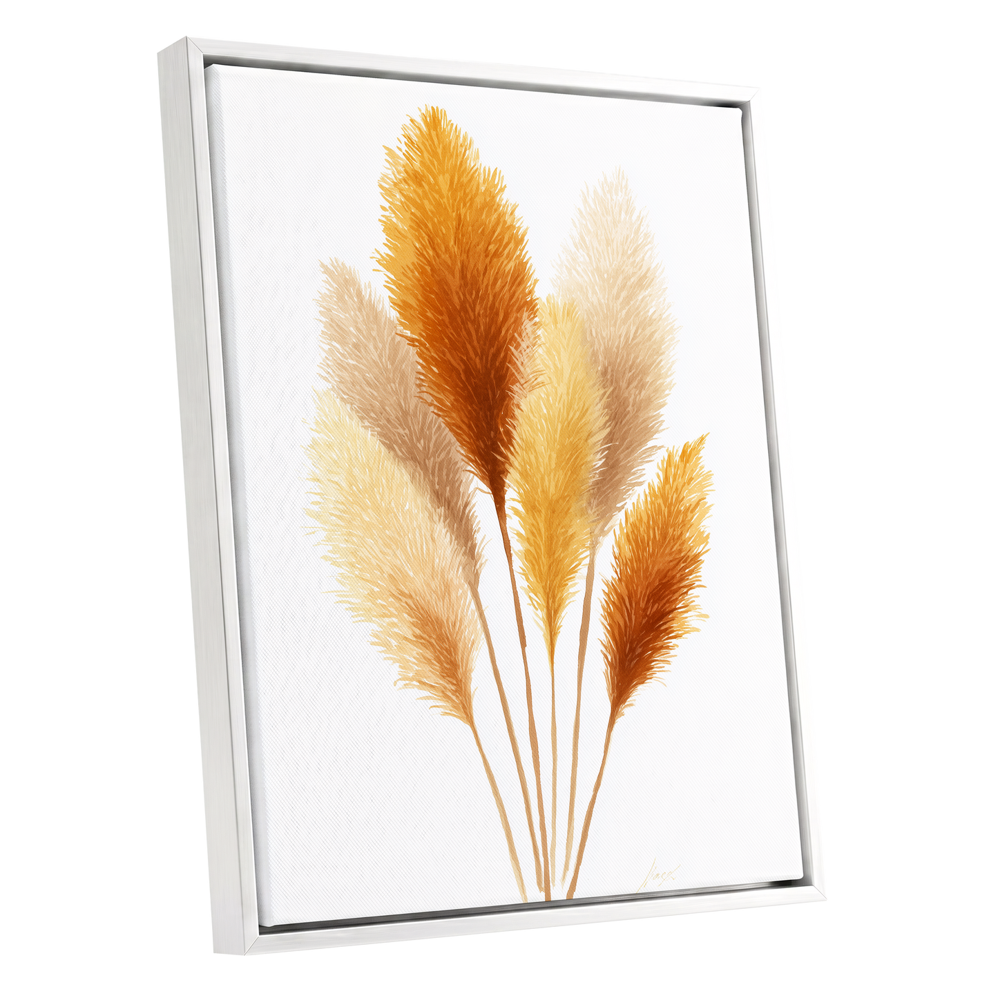 Gilded Pampas Study, white, beige, gold nature wall art shown as a white framed canvas wall art