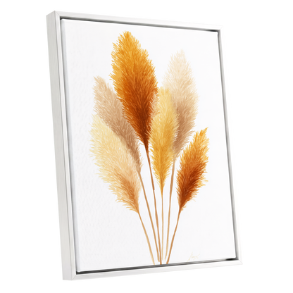 Gilded Pampas Study, white, beige, gold nature wall art shown as a white framed canvas wall art