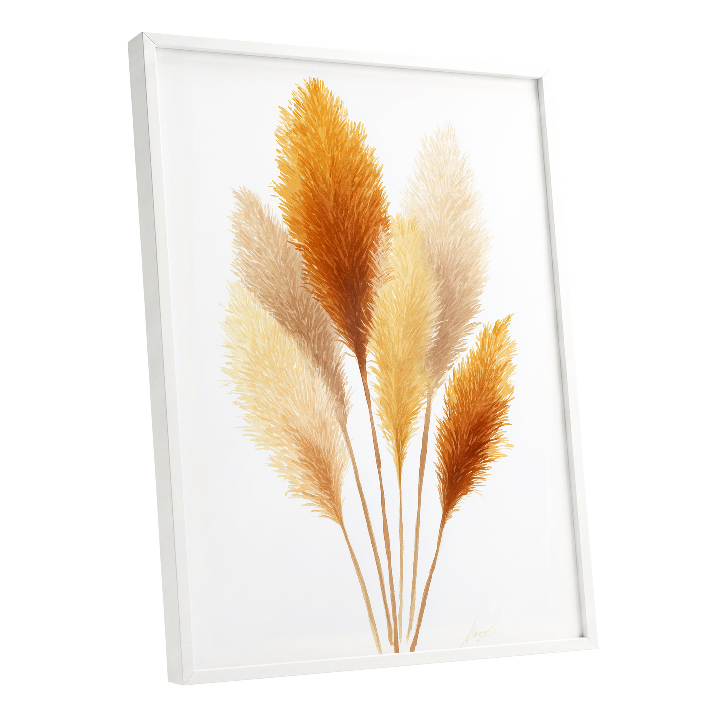 Gilded Pampas Study, white, beige, gold nature wall art shown as a white framed poster wall art print