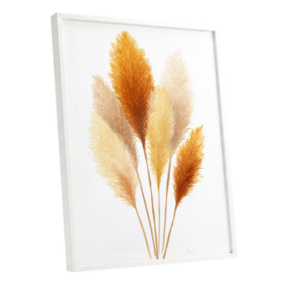 Gilded Pampas Study, white, beige, gold nature wall art shown as a white framed poster wall art print