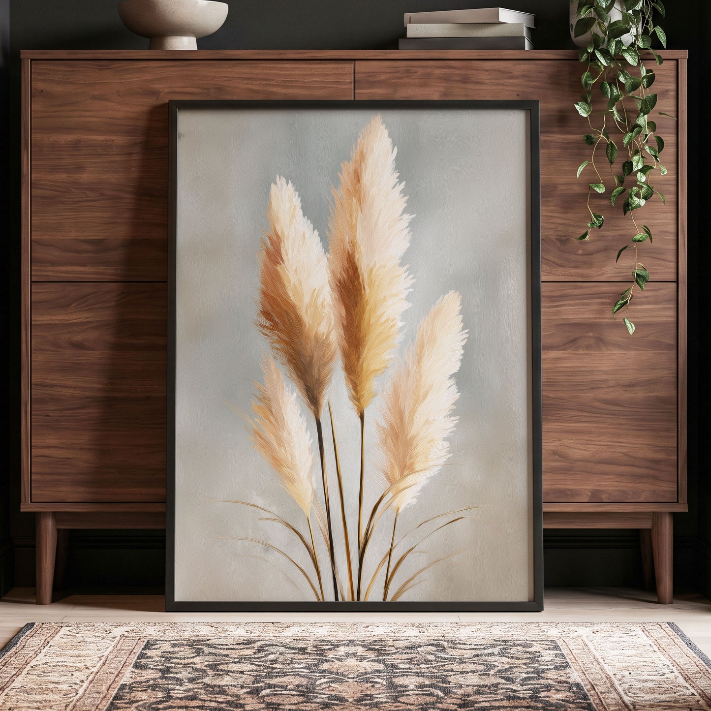 Gilded Pampas, gray, beige, gold nature wall art displayed in a styled interior, gallery view 2