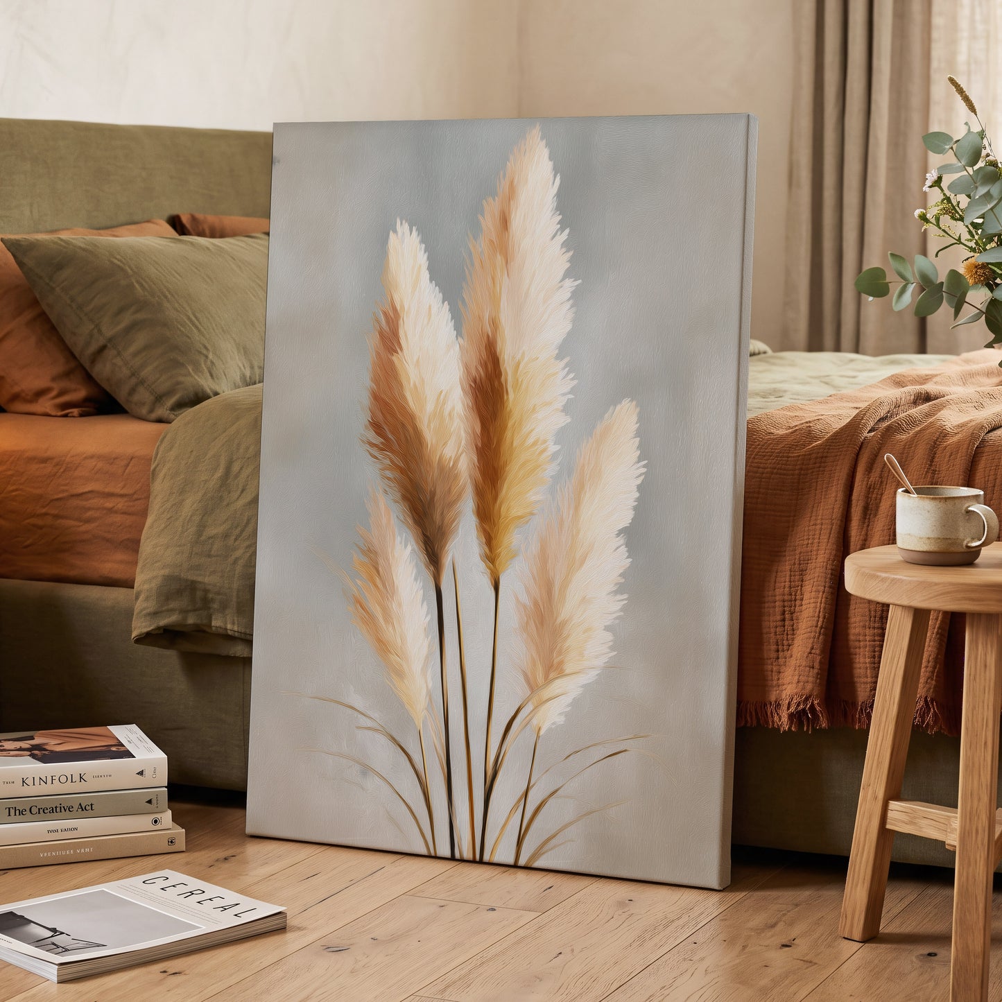 Gilded Pampas, gray, beige, gold nature wall art displayed in a styled interior, gallery view 3