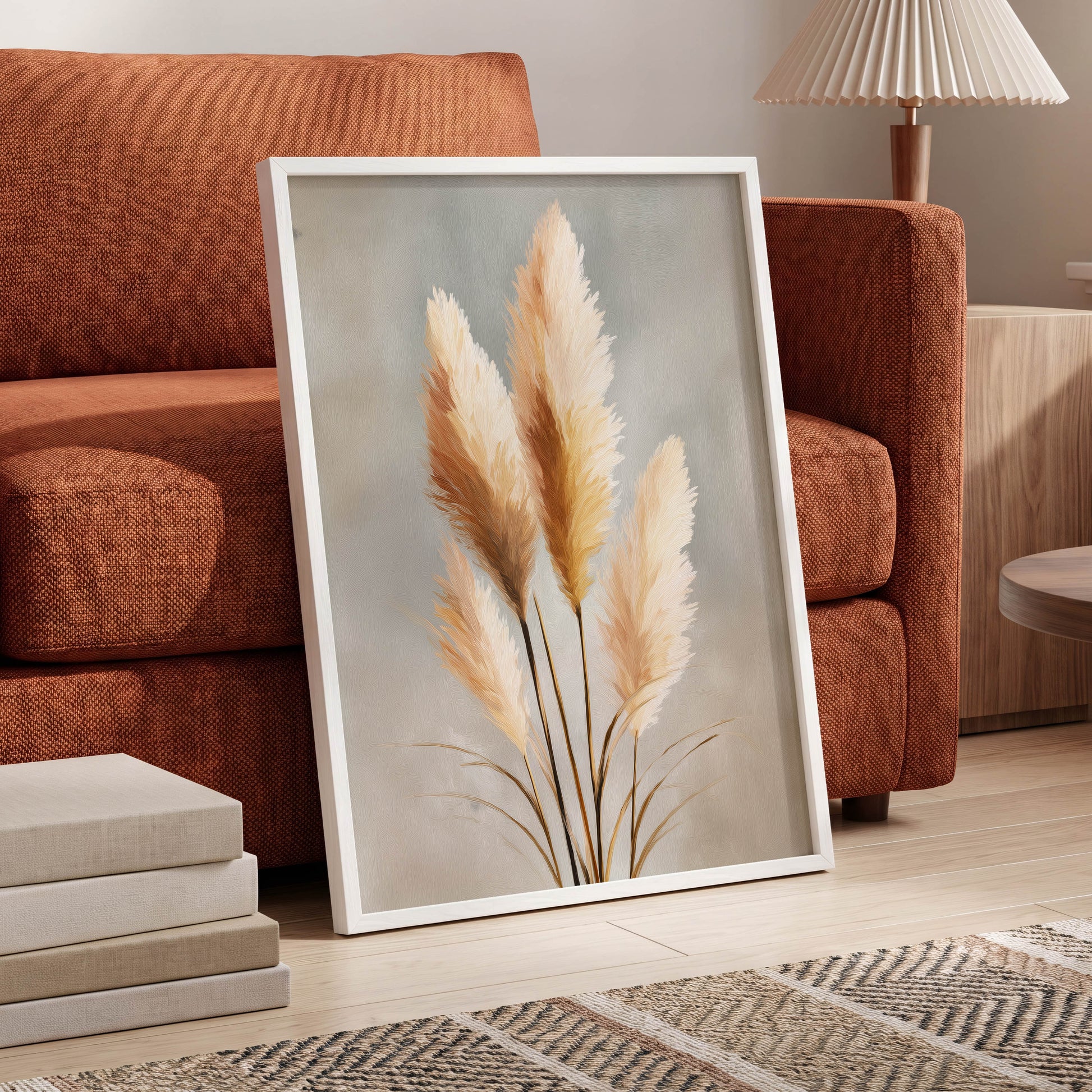 Gilded Pampas, gray, beige, gold nature wall art displayed in a styled interior, gallery view 6