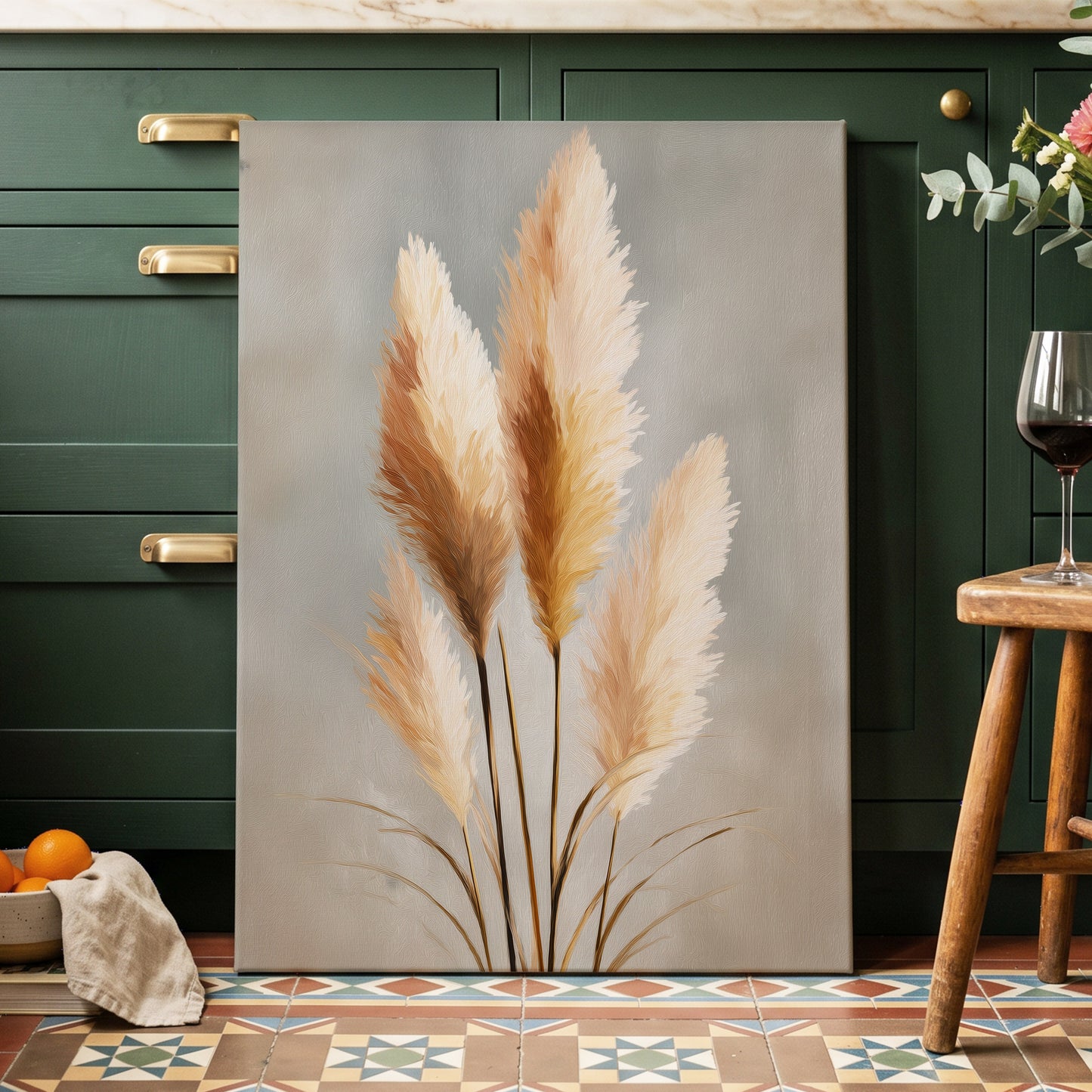 Gilded Pampas, gray, beige, gold nature wall art displayed in a styled interior, gallery view 7