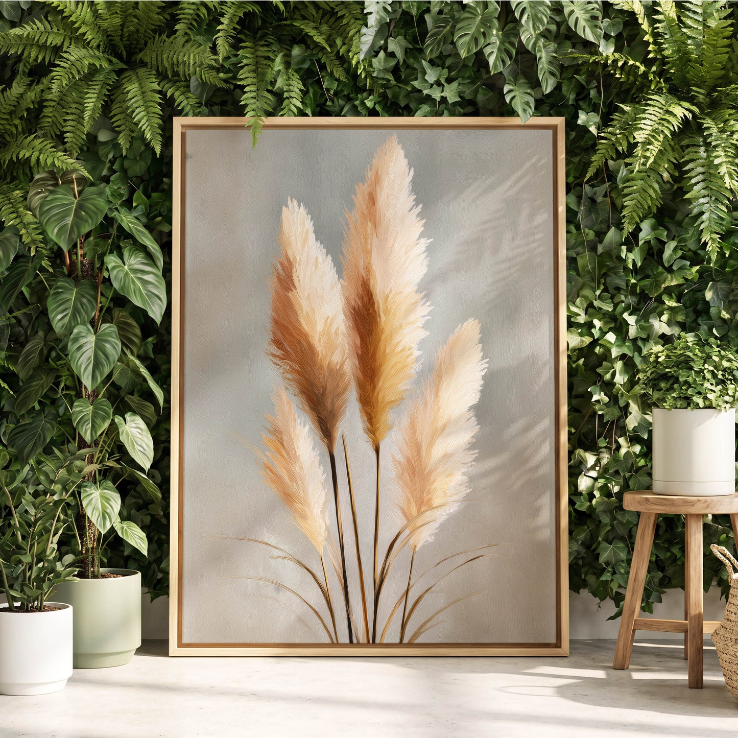 Gilded Pampas, gray, beige, gold nature wall art displayed in a styled interior, gallery view 8