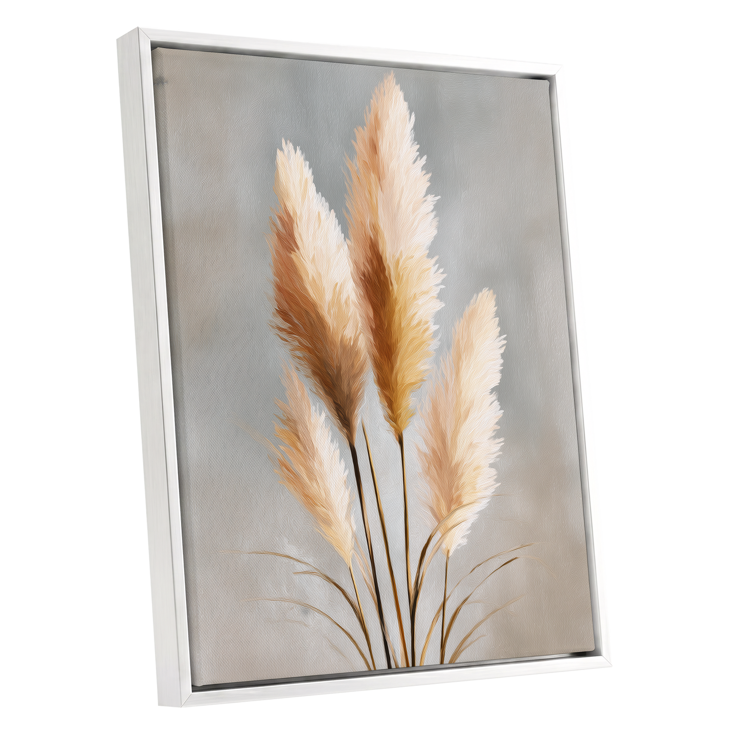 Gilded Pampas, gray, beige, gold nature wall art shown as a white framed canvas wall art