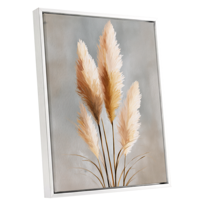 Gilded Pampas, gray, beige, gold nature wall art shown as a white framed canvas wall art