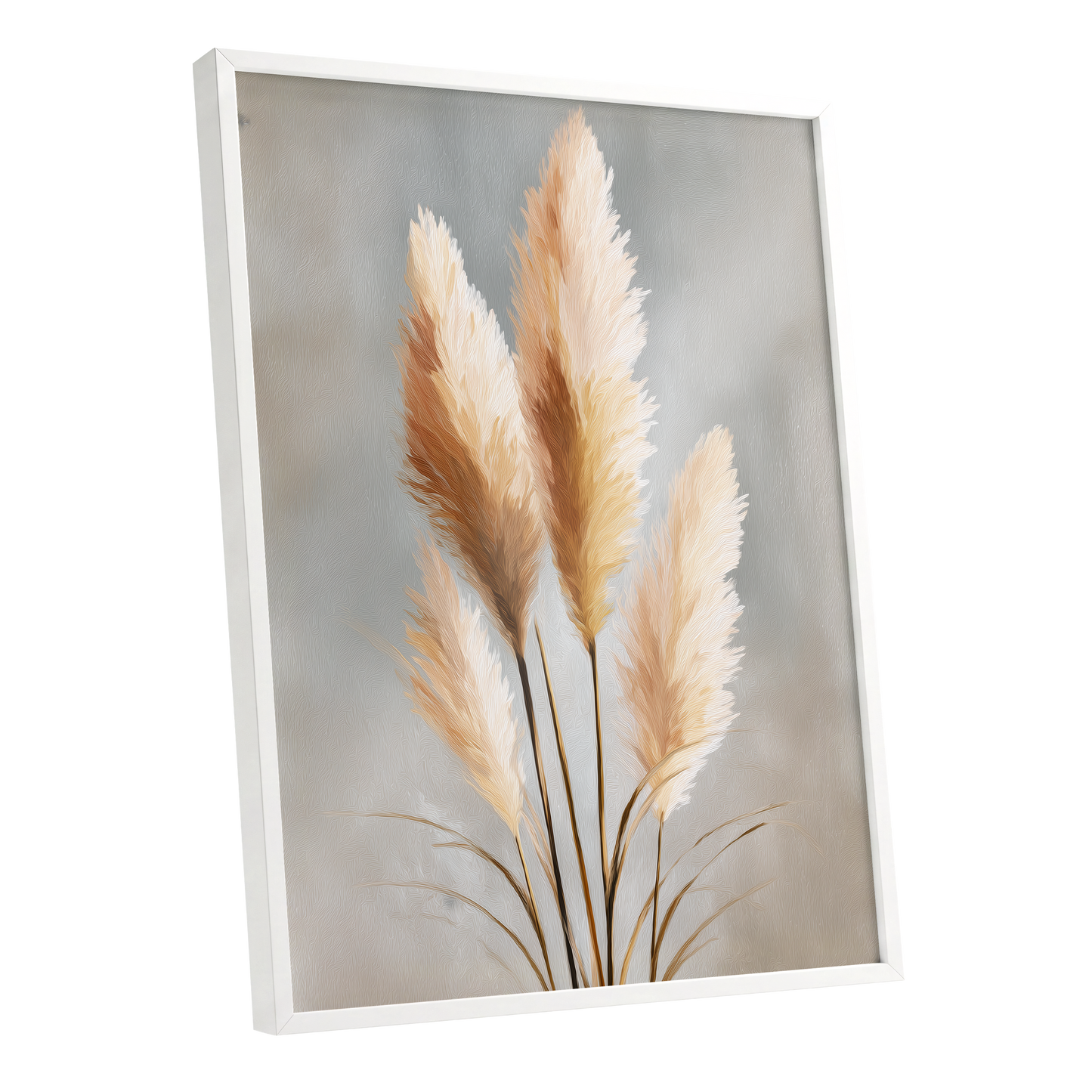 Gilded Pampas, gray, beige, gold nature wall art shown as a white framed poster wall art print