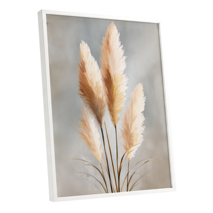 Gilded Pampas, gray, beige, gold nature wall art shown as a white framed poster wall art print