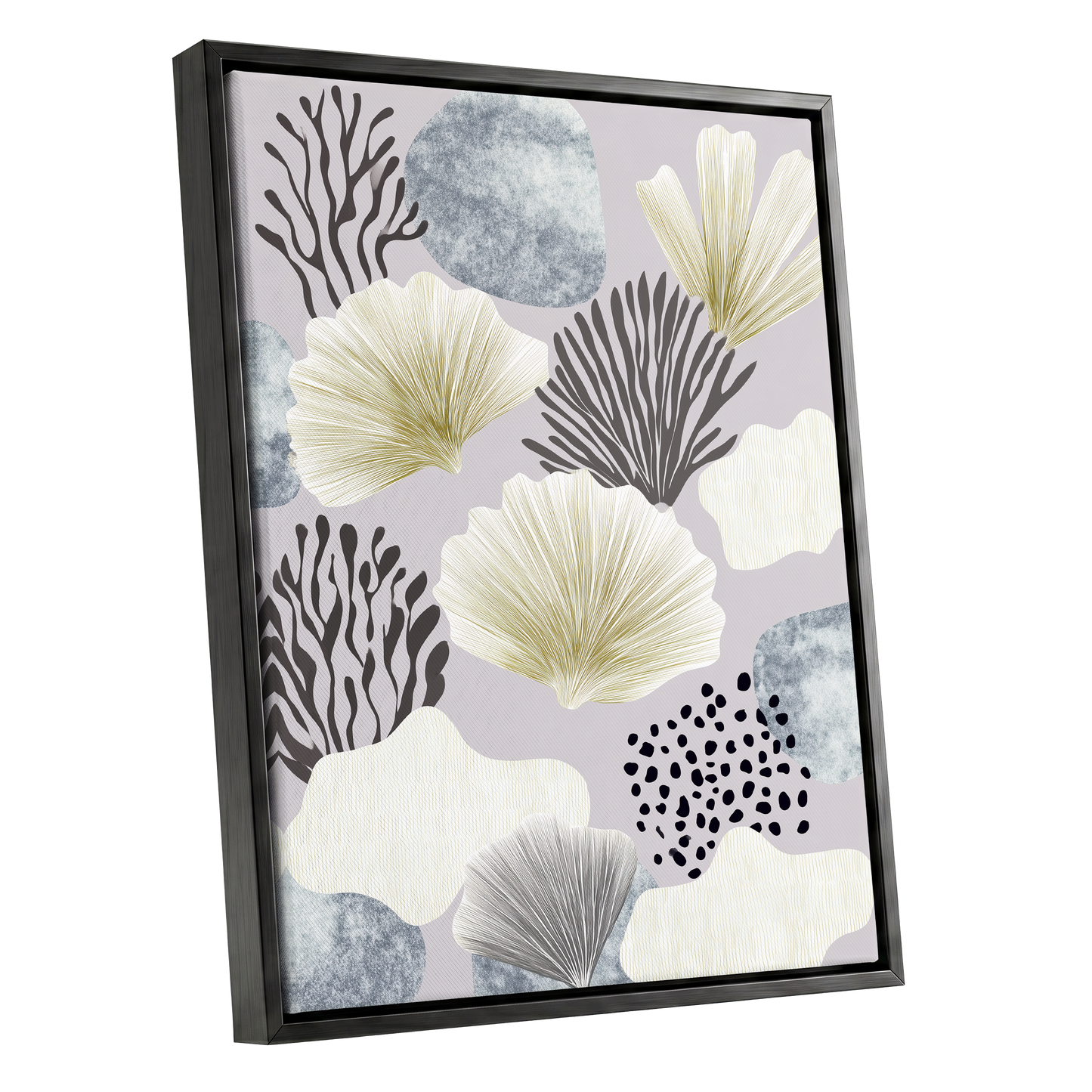 Gilded Reef Garden, gray, white, gold nature wall art shown as a black framed canvas wall art