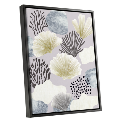 Gilded Reef Garden, gray, white, gold nature wall art shown as a black framed canvas wall art