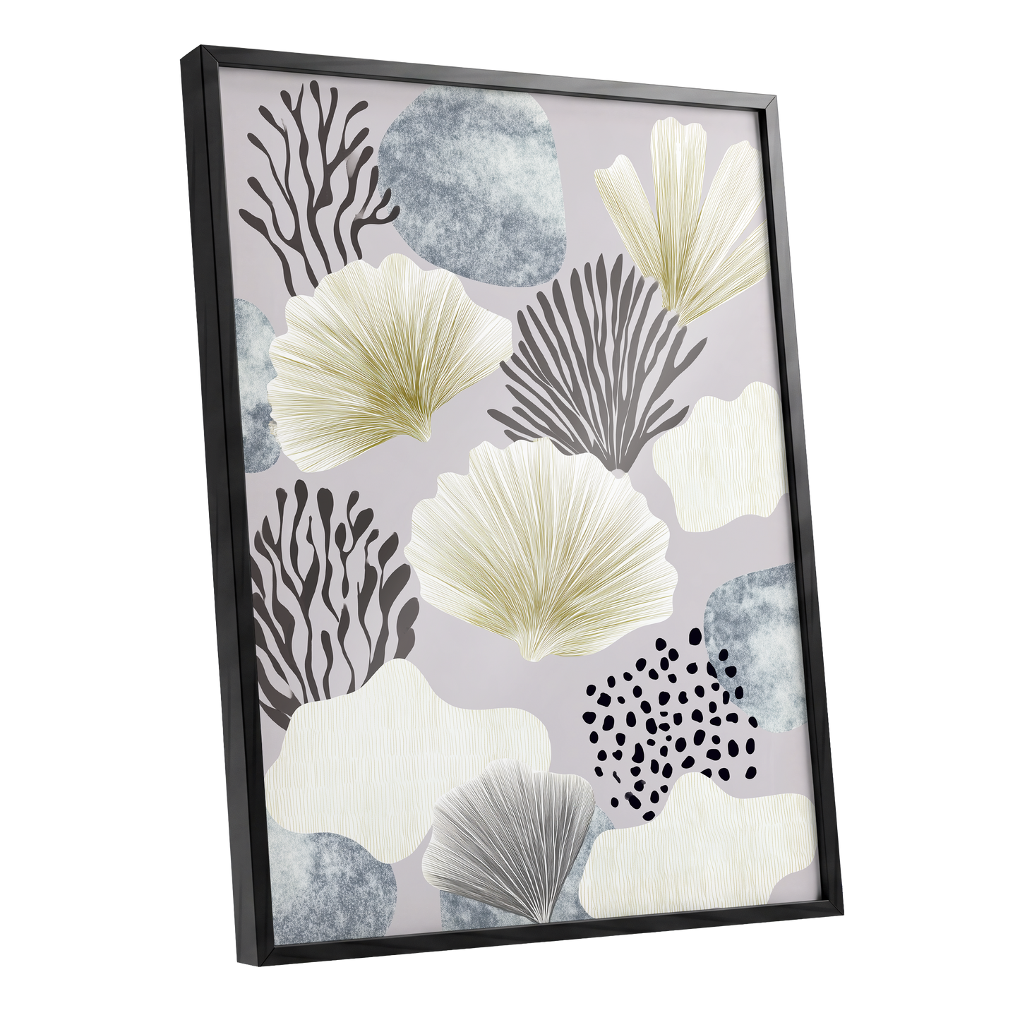 Gilded Reef Garden, gray, white, gold nature wall art shown as a black framed poster wall art print