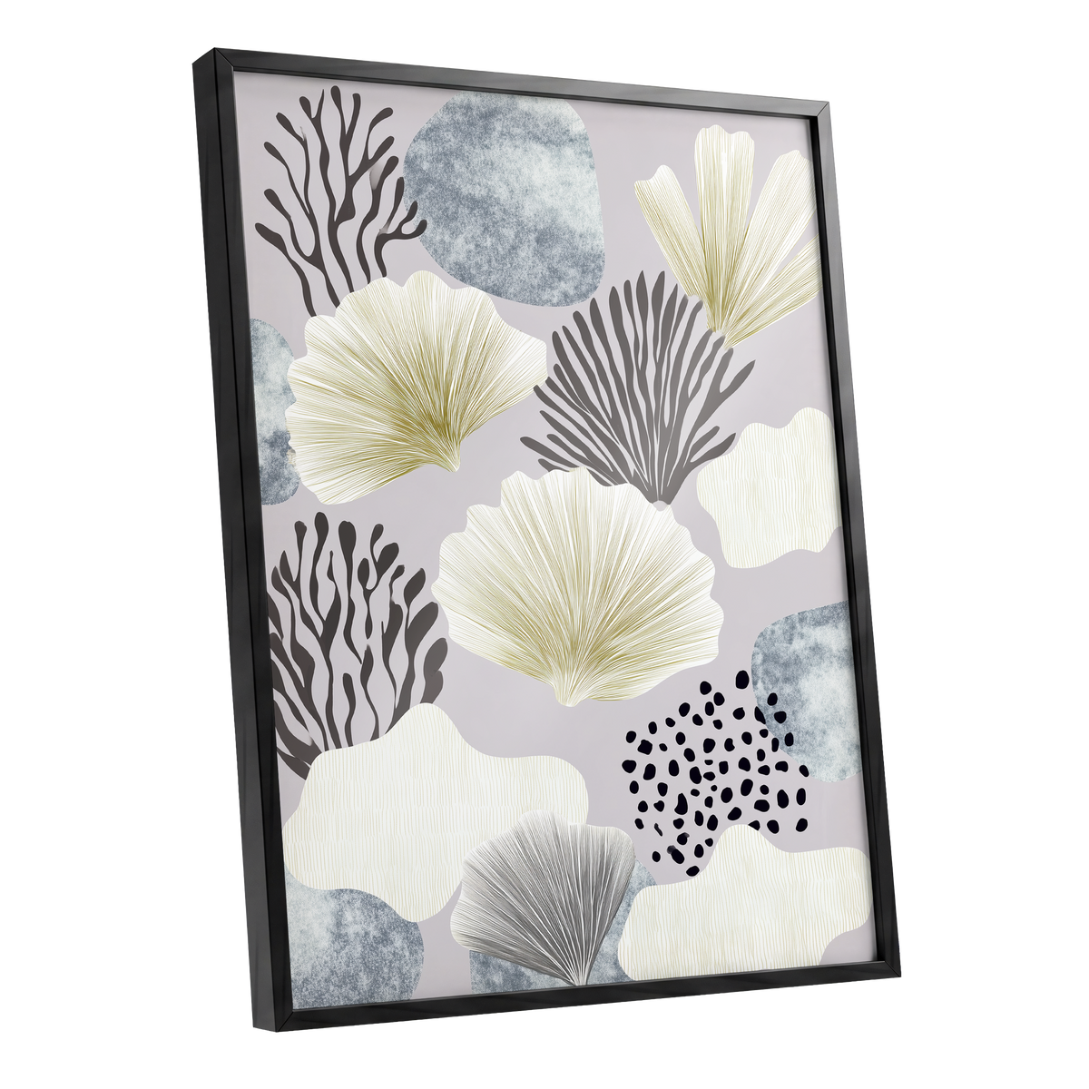 Gilded Reef Garden, gray, white, gold nature wall art shown as a black framed poster wall art print